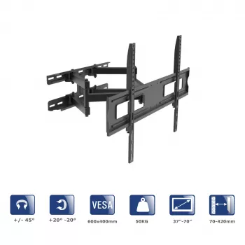 Akyga AK-MB-10 schwenkbare TV-Wandhalterung, 37-70 Zoll, 50 kg, VESA 600x400, Schwenken ±45°, Neigen ±20°, schwarz