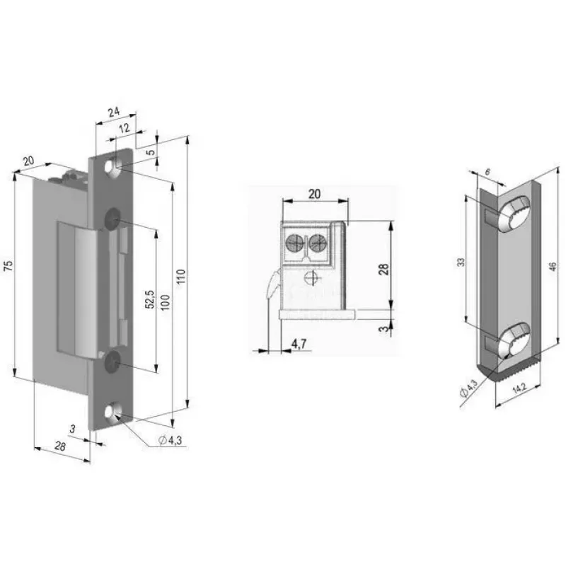 SCOT ES-S12AC/DC-B PROFI Symmetrischer Türöffner mit Schloss, 12V AC/DC, Fail-Secure, 3000N Haltekraft, Grau/Silber