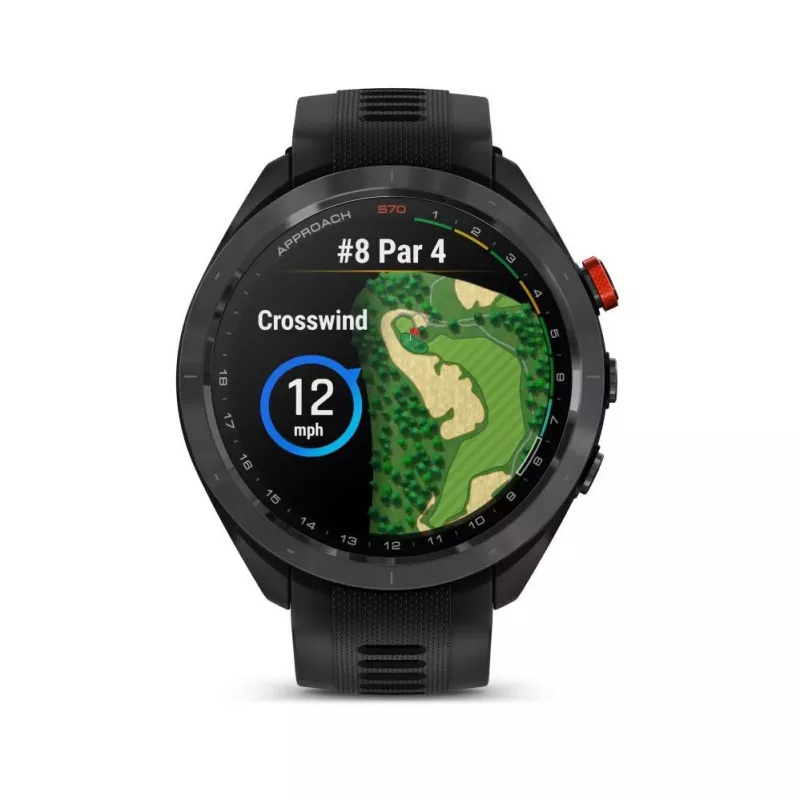 Garmin Approach S70 47mm Golf GPS Smartwatch – Schwarze/rote Keramiklünette mit schwarzem Silikonarmband