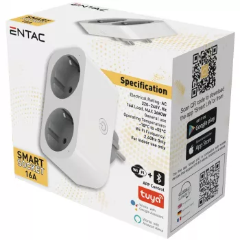 ENTAC Smart WiFi Doppelsteckdosen-Adapter ES-DSA-WIBLE, Weiß, 2 Steckdosen, 3680 W