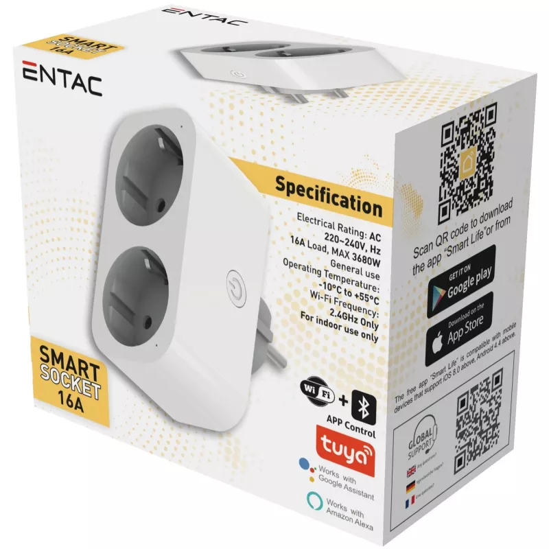 ENTAC Smart WiFi Doppelsteckdosen-Adapter ES-DSA-WIBLE, Weiß, 2 Steckdosen, 3680 W
