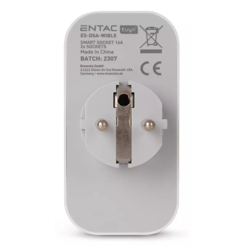 ENTAC Smart WiFi Doppelsteckdosen-Adapter ES-DSA-WIBLE, Weiß, 2 Steckdosen, 3680 W