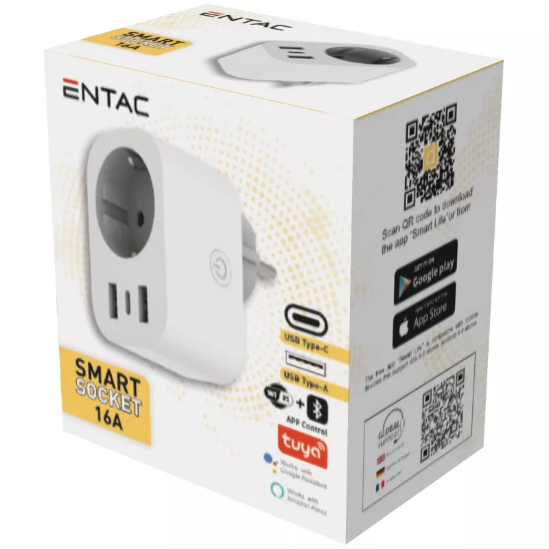 ENTAC Smart WiFi Stecker 1x Schuko mit 2x USB-A und 1x USB-C, Weiß