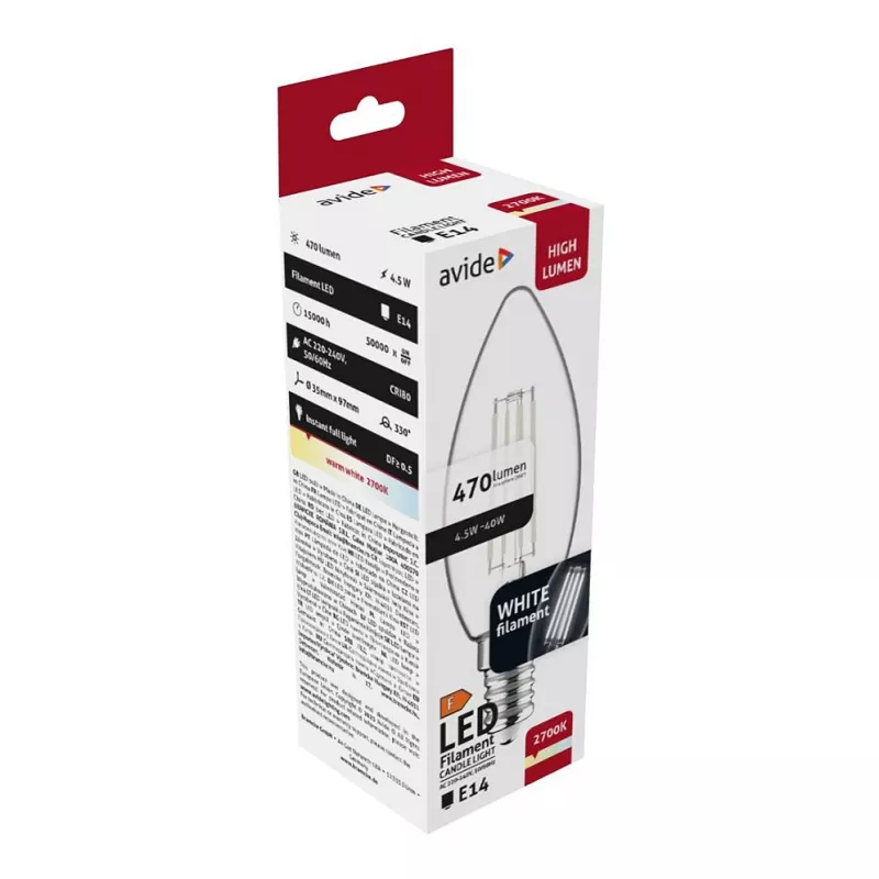 Avide LED Filament Candle Bulb 4.5W E14 Warm White 2700K