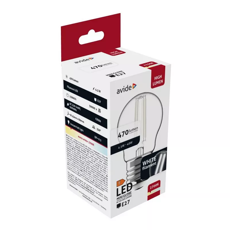 Avide LED-Leuchtmittel White Filament Mini Globe 4,5W E27 Warmweiß 2700K