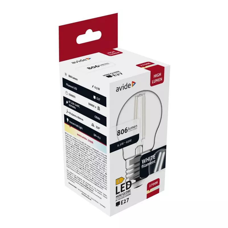 Avide LED Filament Mini Globe 6,5W E27 Warmweiß 2700K