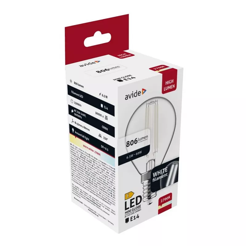 Avide LED-Lampe White Filament Mini Globe 6,5W E14 Warmweiß 2700K
