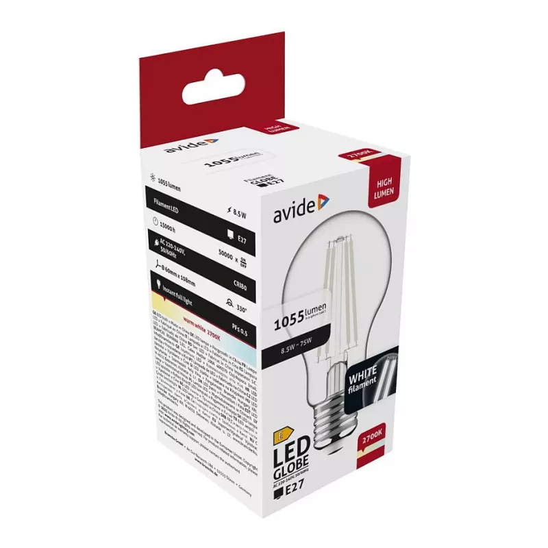 Avide LED Filament Globe Bulb 8.5W E27 Warm White 2700K