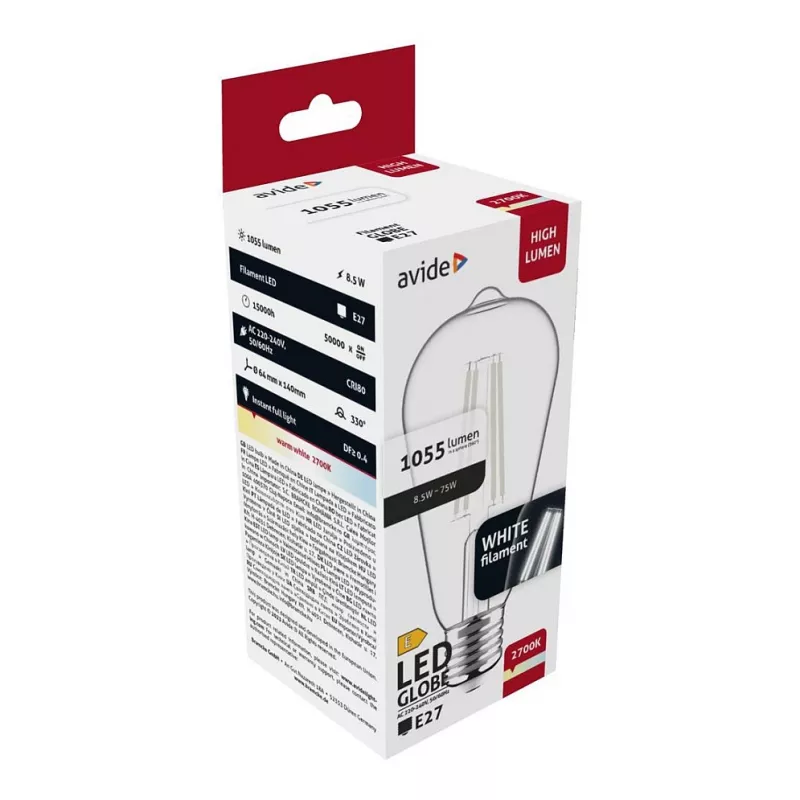 Avide LED-Leuchtmittel White Filament ST64 8,5W E27 Warmweiß 2700K