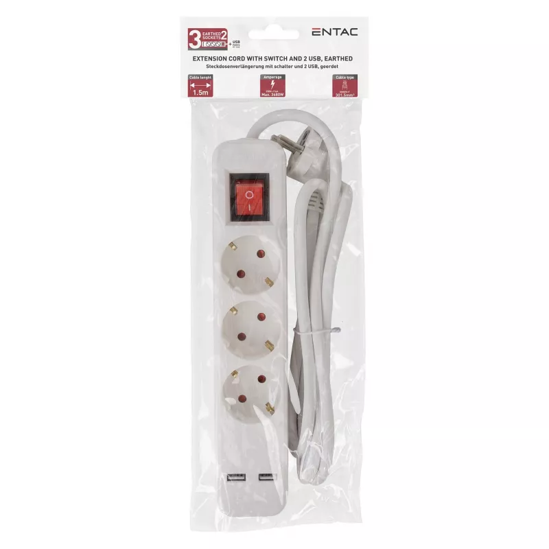 ENTAC Steckdosenleiste 3-fach mit USB 1,5m Schalter Weiß