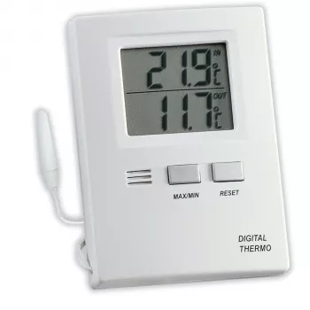 TFA 30.1012 Digitales Innen-Außenthermometer mit Kabelaußensensor, Max/Min-Speicher, Frostalarm, Weiß