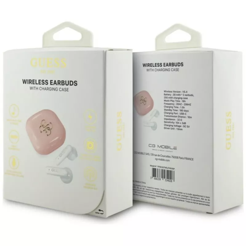 Guess 4G Metal Logo True Wireless Stereo Bluetooth 5.0 Earbuds mit Ladecase - Pink