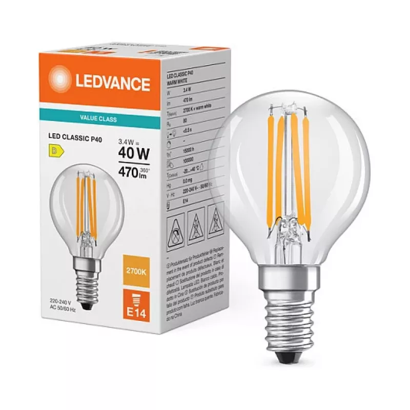 Osram LED Classic P 40 Filament 3.4W 827 Clear E14 LED Lampe, Mini Globe