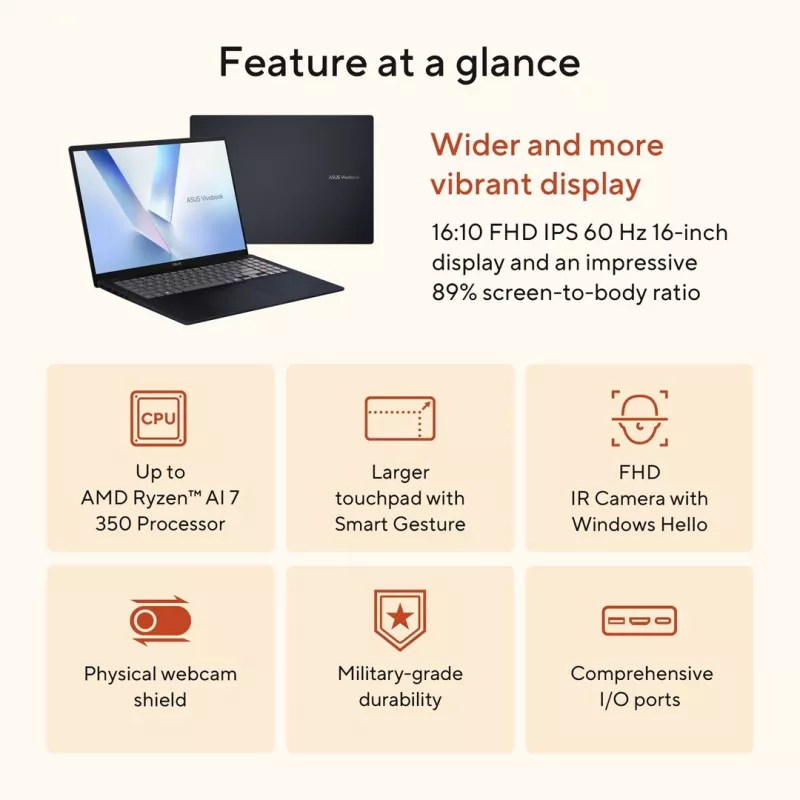 ASUS VivoBook 16 M1607KA-MB164W - Ryzen AI 5 330 | 16 inch | 16GB | 512GB | W11H | Blau