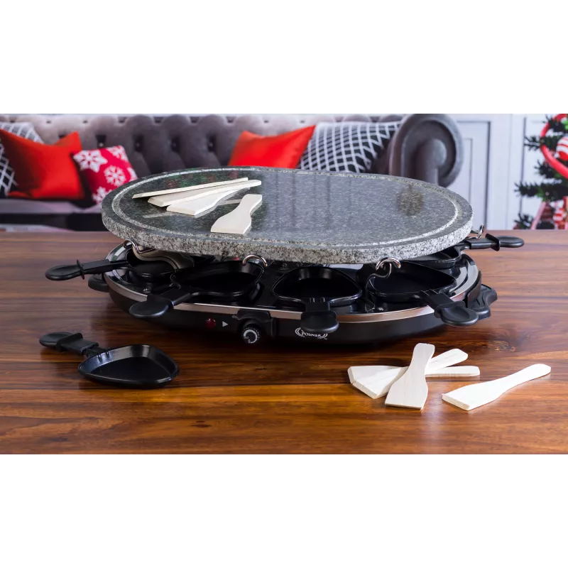 Giles & Posner EK1872GV2VDE Tisch-Stein-Raclette-Grill - 1200W, für 8 Personen, Schwarz/Grau