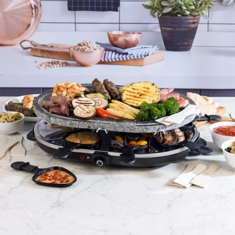 Giles & Posner EK1872GV2VDE Tisch-Stein-Raclette-Grill - 1200W, für 8 Personen, Schwarz/Grau