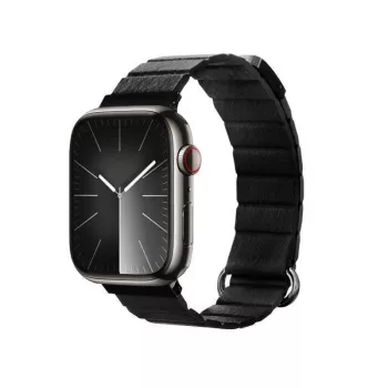 Crong Eclipse Echtleder Magnetische Schlaufe Armband für Apple Watch 44/45/46/49 mm (Schwarz)