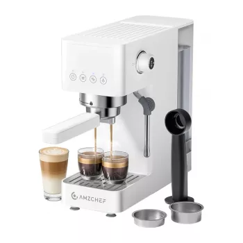 AMZCHEF CE-EM3131-WT Piston Coffee Maker (Weiß) - 20 Bar Espressomaschine mit Dampfdüse