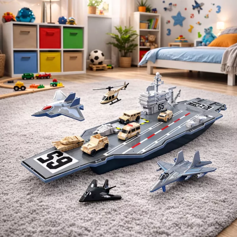 LEAN TOYS Großer Militärflugzeugträger mit Kampfjets, Panzern und Fahrzeugen 70cm