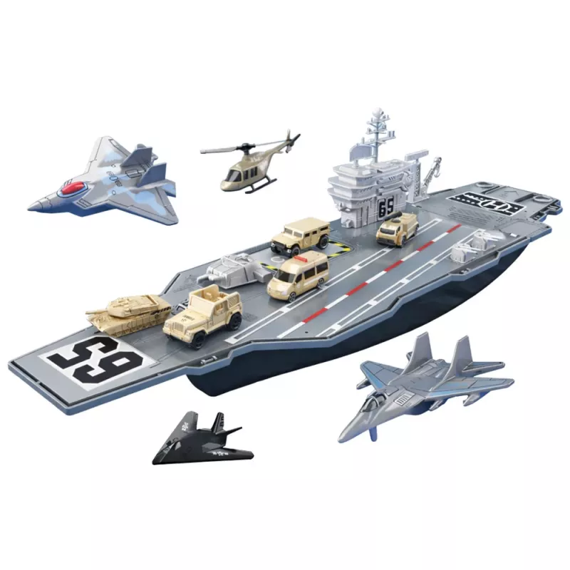 LEAN TOYS Großer Militärflugzeugträger mit Kampfjets, Panzern und Fahrzeugen 70cm