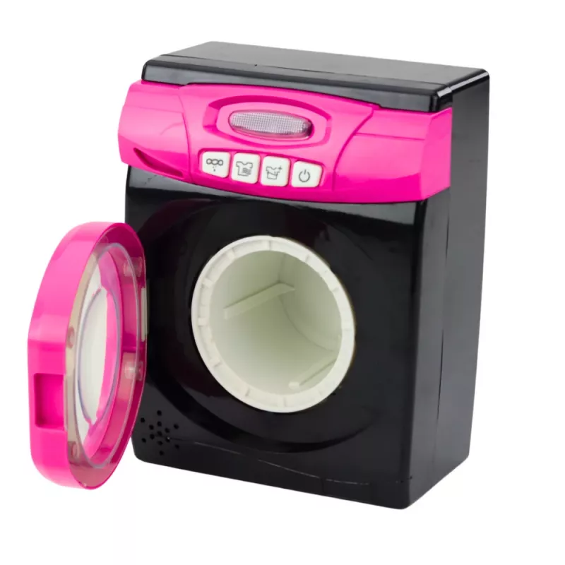 LEAN TOYS Set of Household Appliances Interactive Washing Machine with Sounds and Accessories, Black and Pink