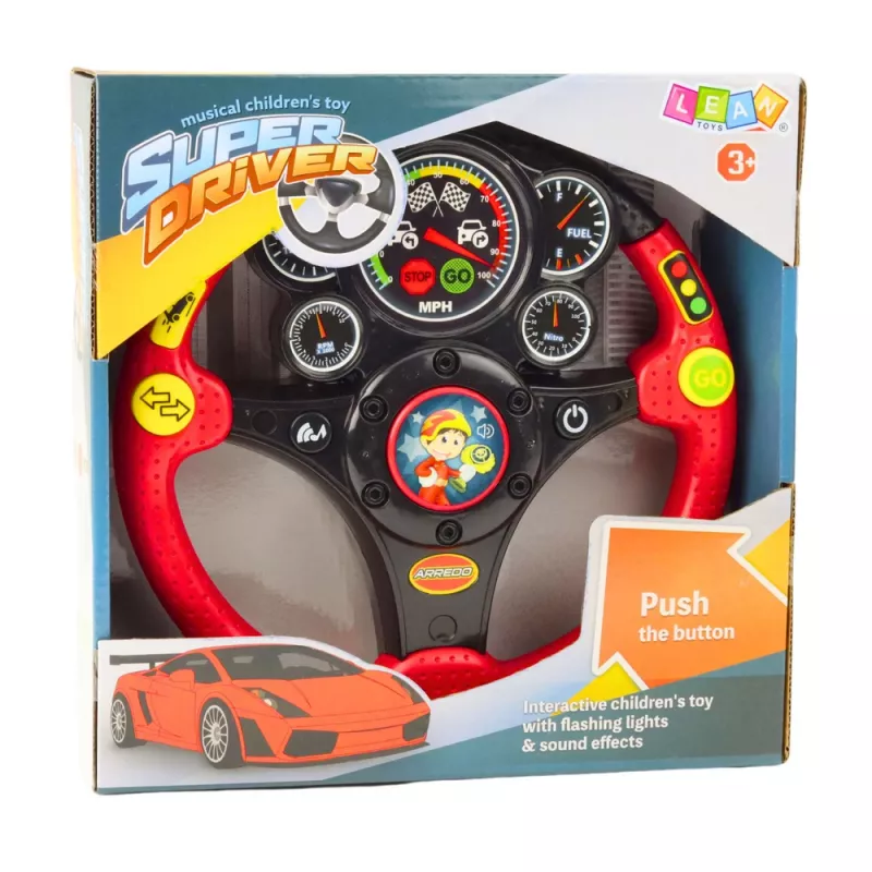 LEAN TOYS Interaktives Lenkrad für Kinder mit Lichtern, Geräuschen und Vibrationen, Rot