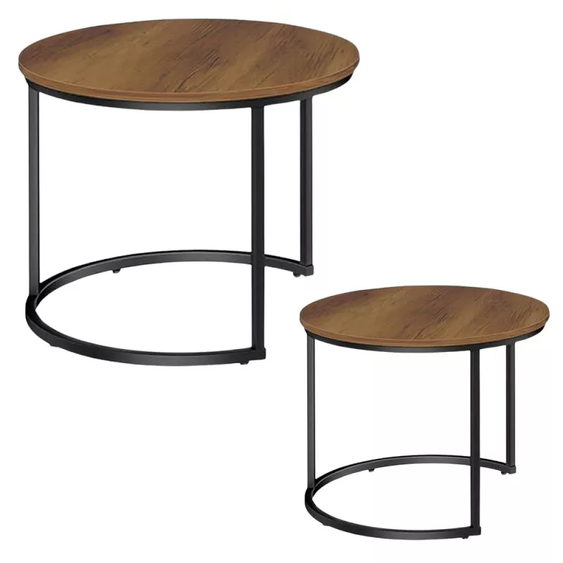 LEAN Set of 2-in-1 Round Coffee Tables Vintage Natural Wood 70x50cm 45x44cm