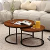LEAN Set of 2-in-1 Round Coffee Tables Vintage Natural Wood 70x50cm 45x44cm