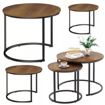 LEAN Set aus 3-in-1 runden Couchtischen, Vintage, Naturholz, 51 cm, 40 cm, 30 cm