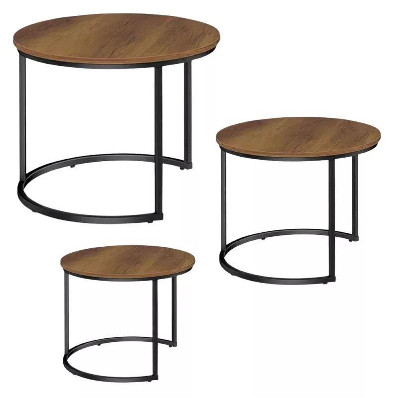 LEAN Set aus 3-in-1 runden Couchtischen, Vintage, Naturholz, 51 cm, 40 cm, 30 cm