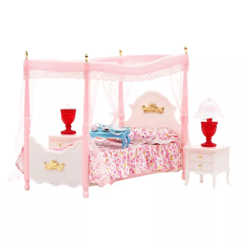 LEAN TOYS Puppenmöbel-Set: Himmelbett, Nachttische, Lampen