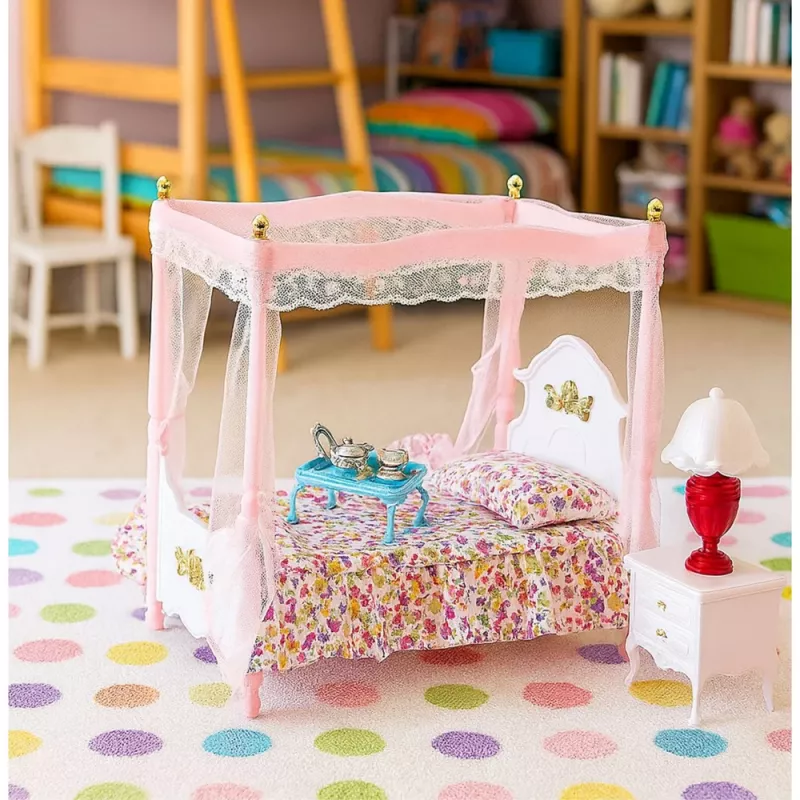 LEAN TOYS Puppenmöbel-Set: Himmelbett, Nachttische, Lampen