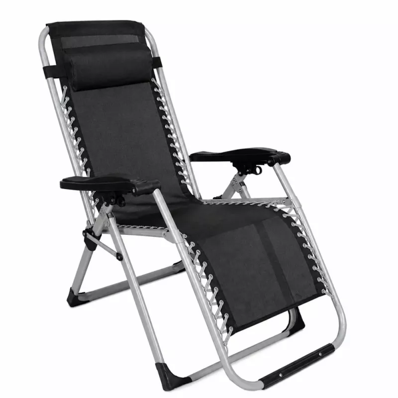 LEAN Klappbarer Garten- und Stranddeckchair mit Tisch und Kopfstütze, Stahl, Anthrazit