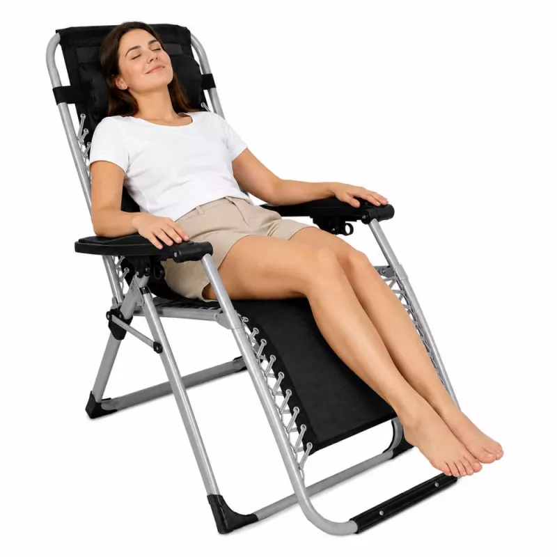LEAN Klappbarer Garten- und Stranddeckchair mit Tisch und Kopfstütze, Stahl, Anthrazit