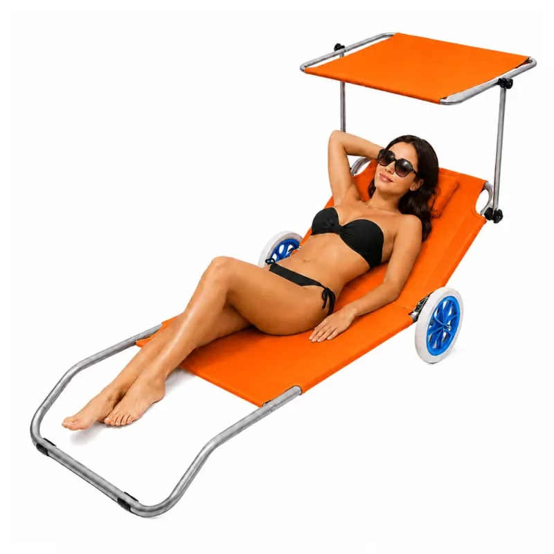 LEAN Klappbarer Garten- und Strandliegestuhl auf Rädern mit Sonnendach, Aluminium, Orange