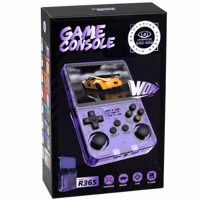 LEAN TOYS Mini R36S Tragbare Retro-Spielekonsole 21.000 IPS 3,5 Zoll Lila