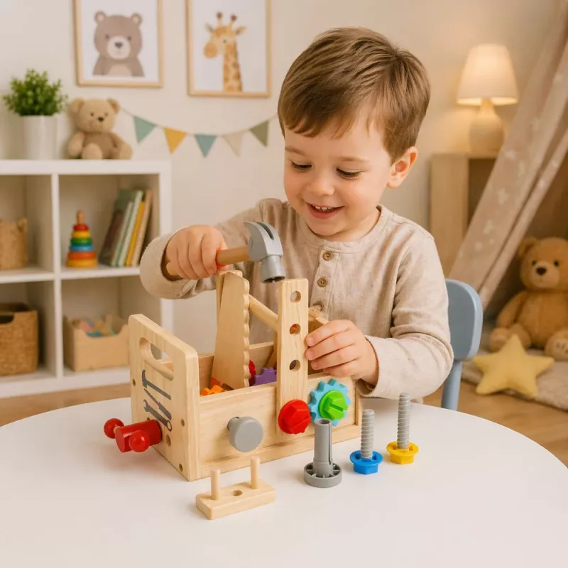 LEAN TOYS Holz-Werkzeugkasten-Set für Kinder mit Zahnrädern und Muttern - 25 Teile, FSC-Holz, ab 3 Jahren