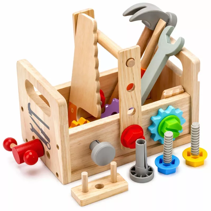 LEAN TOYS Holz-Werkzeugkasten-Set für Kinder mit Zahnrädern und Muttern - 25 Teile, FSC-Holz, ab 3 Jahren