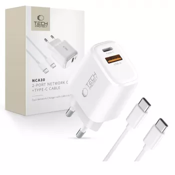 TECH-PROTECT NCA30 2-Port Netzwerk-Ladegerät PD 30W / QC3.0 + USB-C-Kabel Weiß
