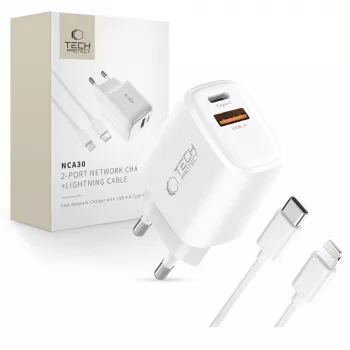 TECH-PROTECT NCA30 2-Port Netzwerk-Ladegerät PD 30W / QC3.0 + Lightning-Kabel Weiß