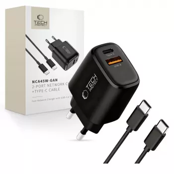 TECH-PROTECT NCA45W-GAN 2-Port Netzwerk-Ladegerät PD 45W / QC3.0 + USB-C Kabel Schwarz