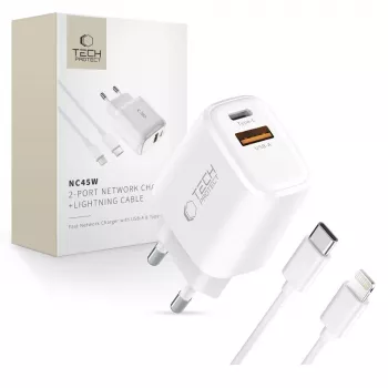 TECH-PROTECT NCA45W-GAN 2-Port Netzwerkladegerät PD 45W / QC3.0 + Lightning-Kabel Weiß
