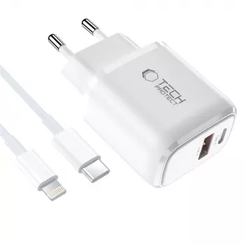 TECH-PROTECT NCA45W-GAN 2-Port Netzwerkladegerät PD 45W / QC3.0 + Lightning-Kabel Weiß