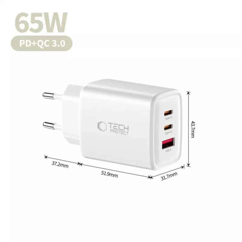 TECH-PROTECT NCA65W-GAN 3-Port Netzwerkladegerät PD 65W / QC3.0 Weiß