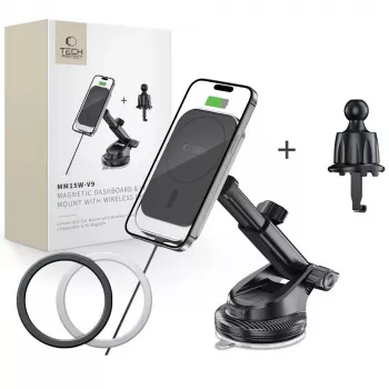 TECH-PROTECT MM15W-V9 Magnetische MagSafe Halterung für Armaturenbrett & Lüftung, kabelloses Ladegerät 15W, Schwarz