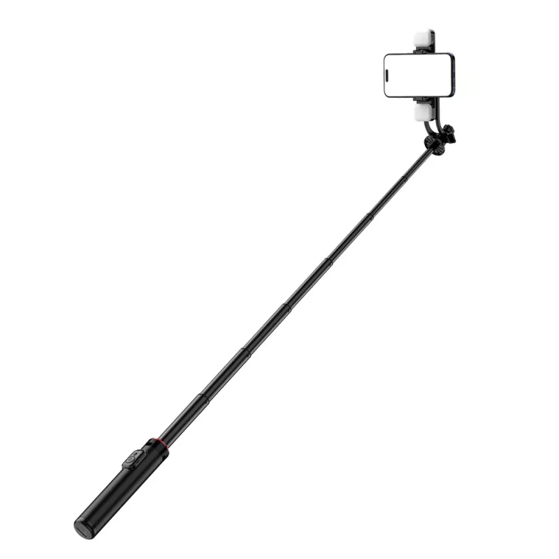 WOZINSKY Selfie Stick WC12YDS Teleskopstativ 1,3m Aluminiumlegierung mit doppeltem LED-Licht und Handyhalter - Schwarz