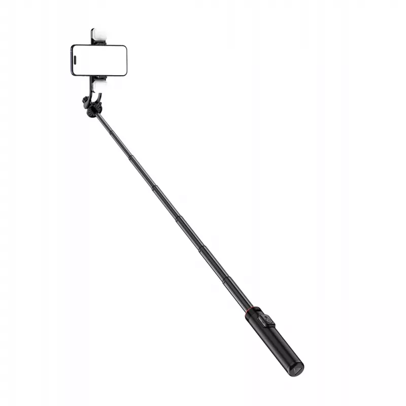 WOZINSKY Selfie Stick WC12YDS Teleskopstativ 1,3m Aluminiumlegierung mit doppeltem LED-Licht und Handyhalter - Schwarz