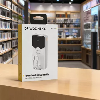 Powerbank Wozinsky WFC-15W 20000mAh 22.5W PD20W mit integrierten Lightning- und USB-C-Kabeln - Weiß