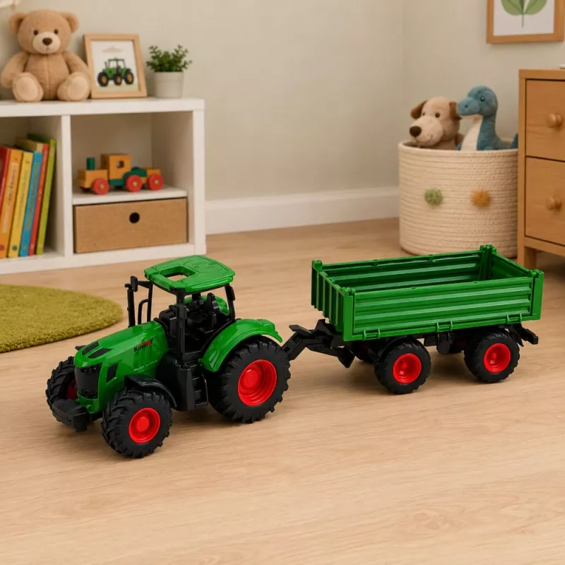 LEAN TOYS Landwirtschaftlicher Traktor mit Kipper-Anhänger, Gummireifen, Grün, 1:24