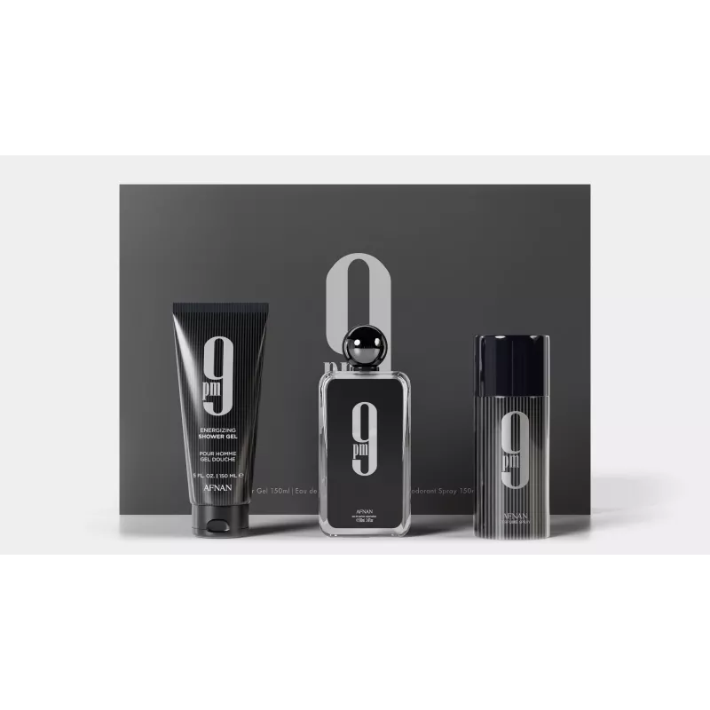 Afnan 9 PM Eau de Parfum Geschenkset für Herren - 100ml EDP Spray + 150ml Duschgel + 250ml Deodorant Spray